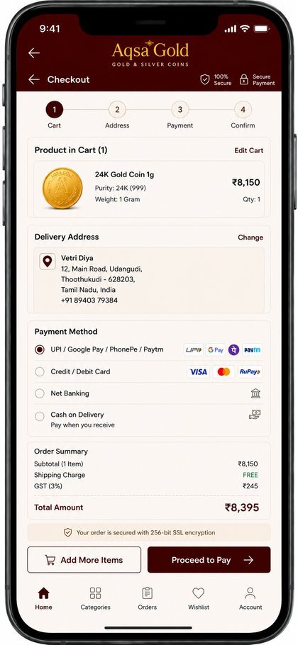 Aqsa Gold app — checkout screen